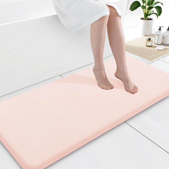 Smiry Memory Foam Bath Mat 47x17, Extra Soft and Absorbent Bathroom Rugs | Pink, Quick Dry Machine Washable Non-Slip Bath Mat for Bathroom Floor, Shower and Tub