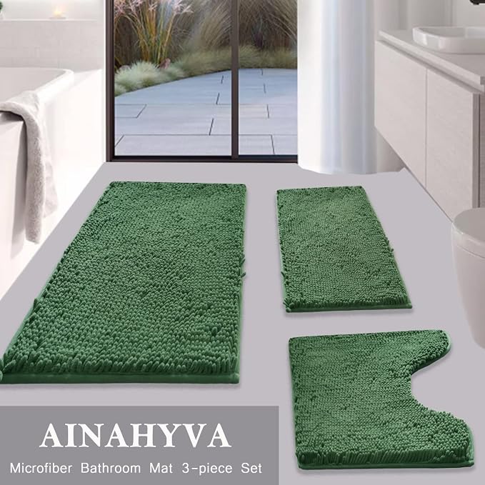 Bathroom Rugs Chenille Bath mat 3 Piece Set, Super Absorbent, Strong PVC Non Slip Backing, Bath mats for Bathroom, Plush Shaggy, Thick, Machine Washable, Bathtub, Toilet, Deep Green