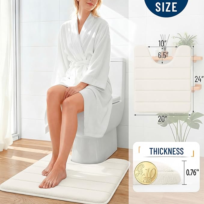 OLANLY Memory Foam Toilet Rugs U Shaped 24x20, Super Soft and Absorbent | Ivory, Quick Dry Commode Contour Bath Rugs, Machine Washable Toilet Mat, Comfortable Bathmat Carpet for Bathroom Floor