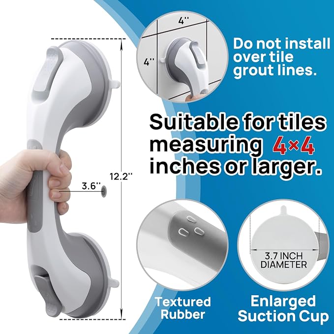LEVERLOC Grab Bars for Shower 2 Pack Suction Bathtub Safety Rails, Heavy Duty 12 Inch Shower Handle Removable Bath Handrails for Seniors and Elderly, Bathroom Safety Grip No Drilling Waterproof Grey