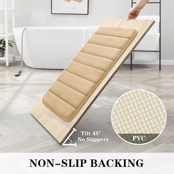 BYSURE Beige Memory Foam Bathroom Rug Set 3 Piece, Non Slip Extra Soft Absorbent Bath Mats, Machine Washable & Dry Toilet Mat Sets for Bathroom Floor | Non Slip Extra Soft Absorbent Machine Washable Toilet Bath Toilet Mat for Shower, for Bathroom