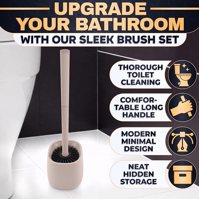 Silicone Toilet Brush and Holder Set - Cream RV Toilet Brush with Holder, Flexible Head, Soft Bristles, Detachable Handle and Freestanding Base, Compact Bathroom Cleaning Tool with Minimalistic Design