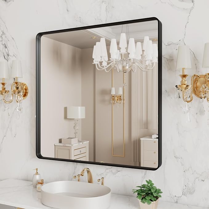 LOAAO 38x38 Inch Black Bathroom Mirror Metal Framed | Matte Black Bathroom Vanity Mirror, Rounded Rectangle, Anti-Rust, Tempered Glass, Hangs Horizontally or Vertically