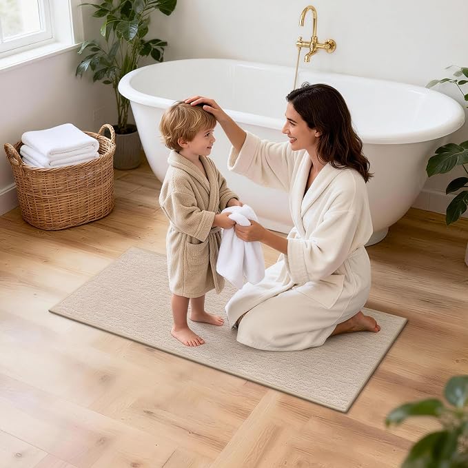 Pauwer Bathroom Rugs Sets 3 Piece, Ultra Thin Bath Mat Set, Beige | Non Slip Washable, Quick Dry, Super Absorbent, U-shaped Contour Toilet Rug, Low Pile, For Floor Sink Shower Room