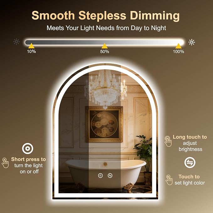 Arched LED Lighted Bathroom Mirror with Lights 28"x36"Smart Anti-Fog | Dimmable 3 Color Modes, Backlit and Front Lit, Memory Function, HD Tempered Glass,Touch Sensor