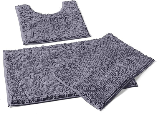 LuxUrux 3-Piece Bathroom Rug Set – Plush Chenille Bath Mats & U-Shaped Toilet Mat, Ultra-Soft, Absorbent & Non-Slip (20x20 U, 16x24 & 20x30 inches, Dark Grey)