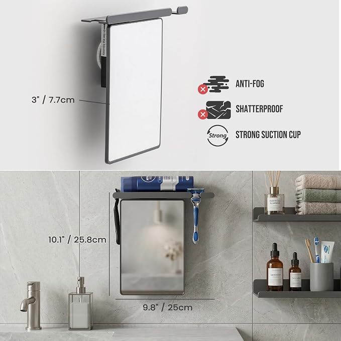 TAILI Shower Mirror Fogless for Shaving,Fogless Mirror for Shower with Tray | Shaving Mirror with Razor Holder, Anti Fog No Drill, Removable, Wall Mounted Bathroom Accessories with Powerful Suction, Grey