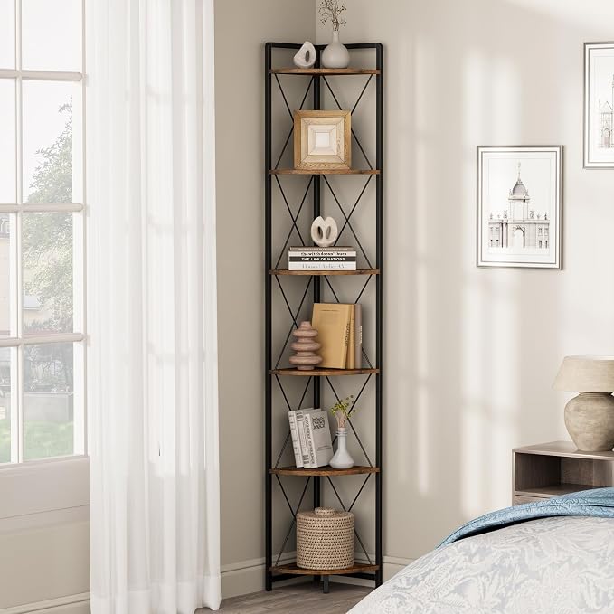 6 Tier Corner Shelf Stand, 78" H Tall Industrial Corner Bookshelf for Living Room Decor, Metal Corner Shelf, Plant Stand Display Shelf for Bedroom, Bathroom, Small Space, Rustic Brown