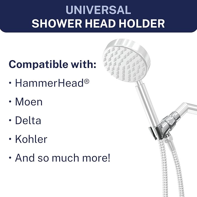HammerHead Showers® Solid Metal Handheld Shower Head Holder - Chrome - Adjustable Shower Wand Holder with Wall Hook Bracket and Pivot Ball - Hand Held Shower Head Holder - Shower Hose Holder