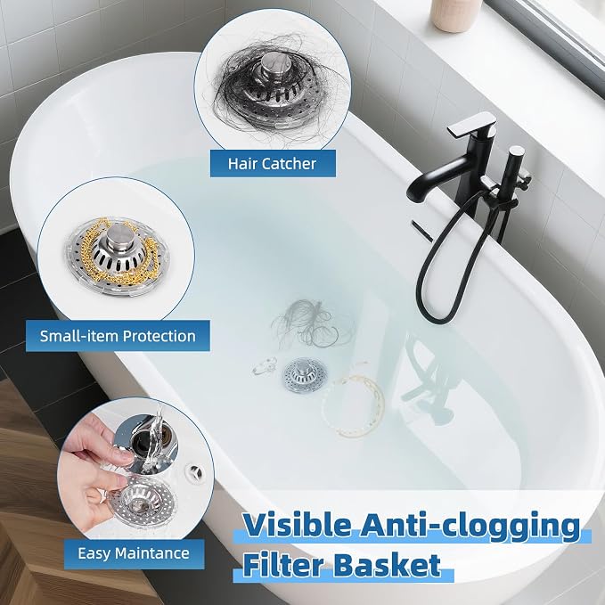 2PCS Universal Bathtub Drain Stopper, All Metal Top Hair Catcher, Chrome | Shower Drain Tub Stopper with Stainless Steel Visible Filter Basket, Upgraded 3 in 1 Pop-up Drain Plug for 1.5 to 2.4" Hole