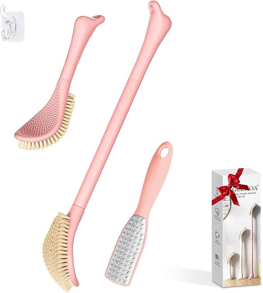 New Foot Brush & Foot File Set(2PCS), 3-in-1 Foot Scrubber in Shower, 10.2’’-27.5’’Adjustable Long Handle Foot Scrub Brush and Upgrade Foot File Callus Remover, Gift-Box Packed(Pink Set)