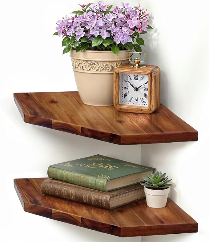 Demigo Corner Shelf Wall Mount, 2-Pack Acacia Wood Floating Corner Shelves | 11.8 x 16.5 in Wall Mounted Triangle Shelves for Bedroom, Living Room, Bathroom & Kitchen, Durable Storage Display Decor