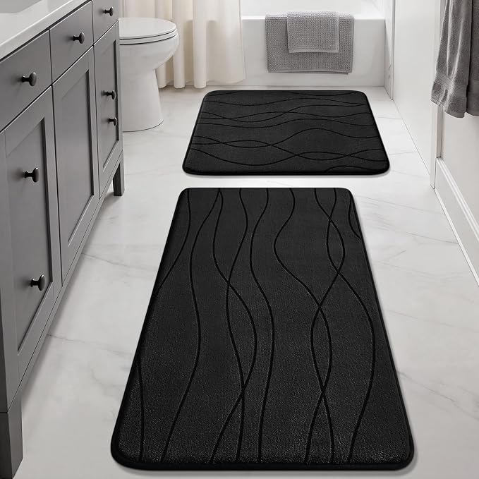 Bathroom Rugs Set 2 Piece, Memory Foam Bath Mat Black | 17x24& 20x32, Ultra Soft, Absorbent, Non-Slip, Machine Washable, for Bathroom, Sink and Toilet