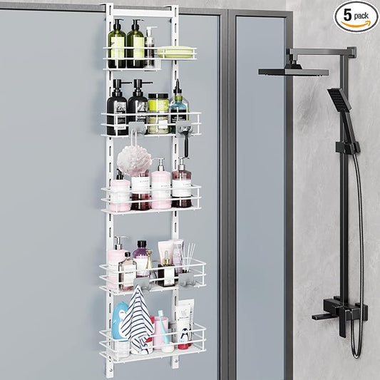 Orimade Over the Door Shower Caddy Adjustable 5 Tier Black,Bathroom Hanging Organizer Shelf Rustproof with 4 Hooks,Shower Basket with Soap Holder and Suction Cup, White