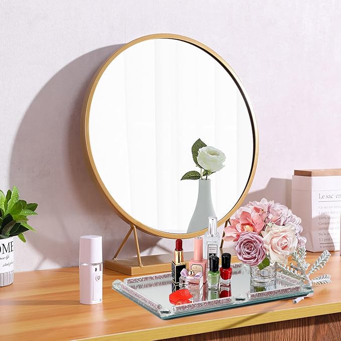 Mirror Perfume Tray for Dresser,Crushed Diamond Filled Glass Vanity Tray,Decorative Bathroom Tray,Crystal Tray for Home Decorative,Party,Hotel Banquet,11.8"x 7.9"x1.2",Pink