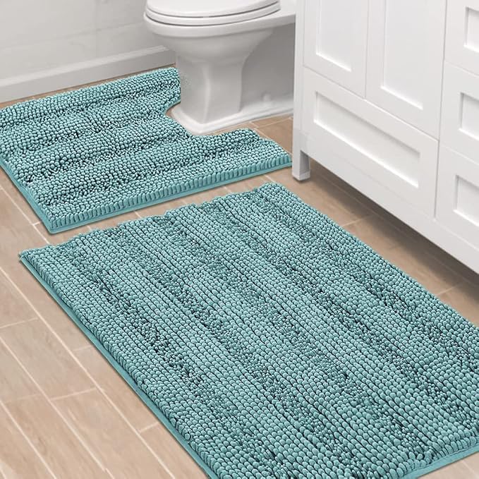 H.VERSAILTEX Bathroom Rugs Bath Rug Set 2 Piece Bathroom Contour Rug Toilet Mat Sets Non Slip Contour Bath Rug Ultra Thick Water Absorbent Striped Bath Mats(36" x 24" Plus 20" x 24" U, Aqua Haze)