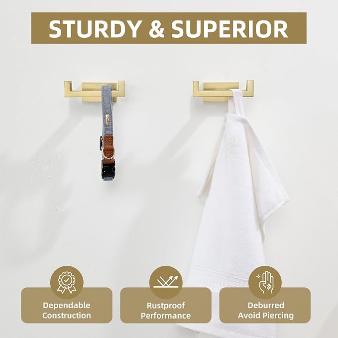 Angle Simple Double Towel Hook, SUS304 Stainless Steel Hand Towel Holder, Bathroom Robe Coat Hook for Wall, Brushed Gold, 2 Pack