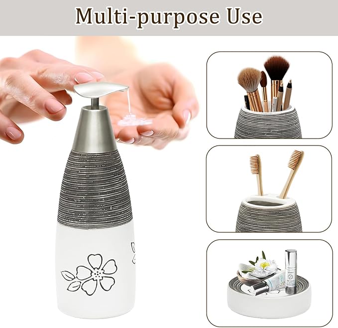 CERBIOR Bathroom Accessories Set,4 PCS Ceramic Bath Accessory,White Flower | Includes Toothbrush Holder, Toothbrush Cup, Soap Dish for Decorative Countertop and Housewarming Gift