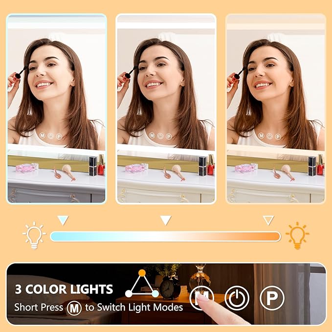 Ratsamee 23"x18" Gold Vanity Mirror with Lights, Led Makeup Mirror, Lighted Makeup Mirror with 3 Color Dimmable Lights, Smart Touch Screen Control, Aluminum Metal Frame,USB Charging Port