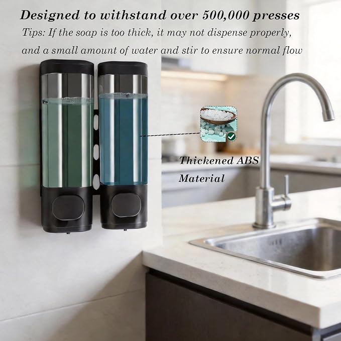 2-Chamber 10oz/300ML Black Plastic Hand Wall Mounted Soap Dispensers | Refillable Shampoo Conditioner Shower Dispenser No Drill, Clear Manual Pump Dispenser for Bathroom Hotel Kitchen