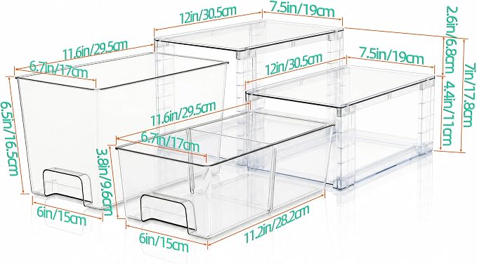 Clear Stackable Acrylic Storage Drawers(4 Pack), Plastic Organizer Bins with Handles, Easy Assembly for Bathroom Kitchen Pantry Cabinet Under Sink Snack Home Storage Solutions