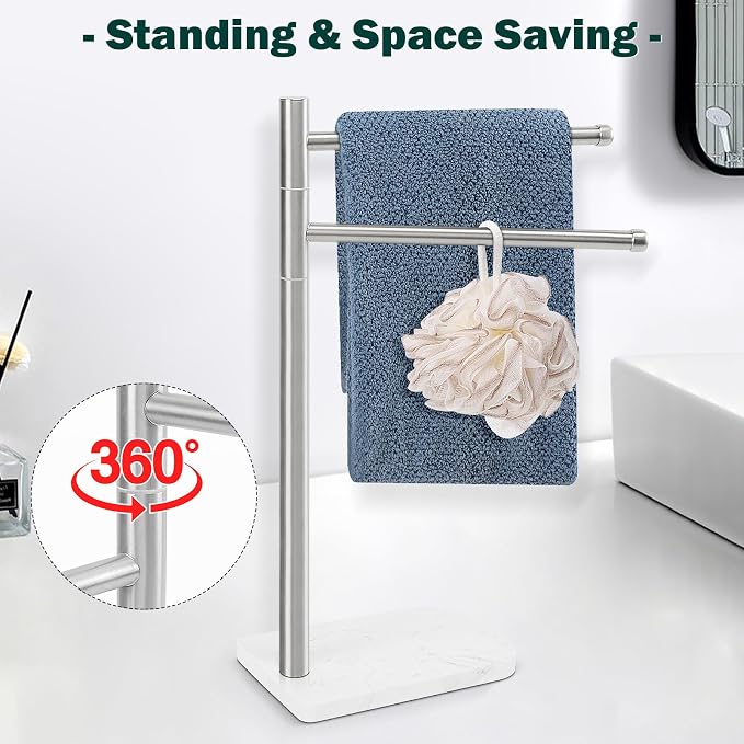 Hand Towel Holder, F-Shape Hand Towel Stand with Marble Base, Stainless Steel Swivel Hand Towel Rack Standing Towel Bar for Bathroom Kitchen Countertop, 2 Arms (Brushed Nickel)