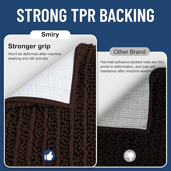 Smiry Bathroom Rugs Sets 2 Piece (47x20+24x16), Extra Soft Bath Mats | Brown Soft Absorbent, Rubber Backing Machine Washable Quick Dry Chenille Bath Rug Set for Tub, Shower, and Floor