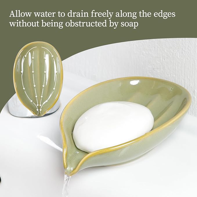 Soap Holder, Self-Draining Soap Dish, Leaf Shape Ceramic Green Bar Soap Holder Drain Soap Dishes for Bathroom Sink Kitchen, Easy to Clean Keeps Soap Dry, ANTIS'S HOME