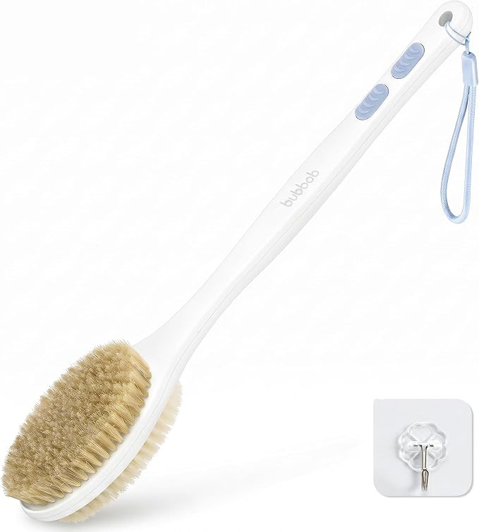 Back Scrubber for Shower with Long Handle, Blue | Double Sided Bristles (Stiff & Soft), Anti-Slip Grip, Lightweight - Gift for Seniors, Includes Lanyard & Hook