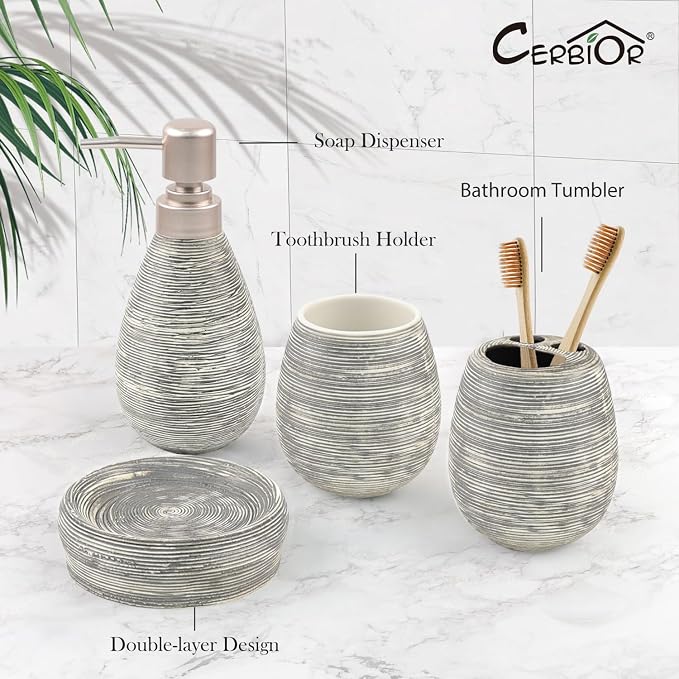 CERBIOR Bathroom Accessories Set,4 PCS Ceramic Bath Accessory,Grey | Includes Toothbrush Holder, Toothbrush Cup, Soap Dish for Decorative Countertop and Housewarming Gift