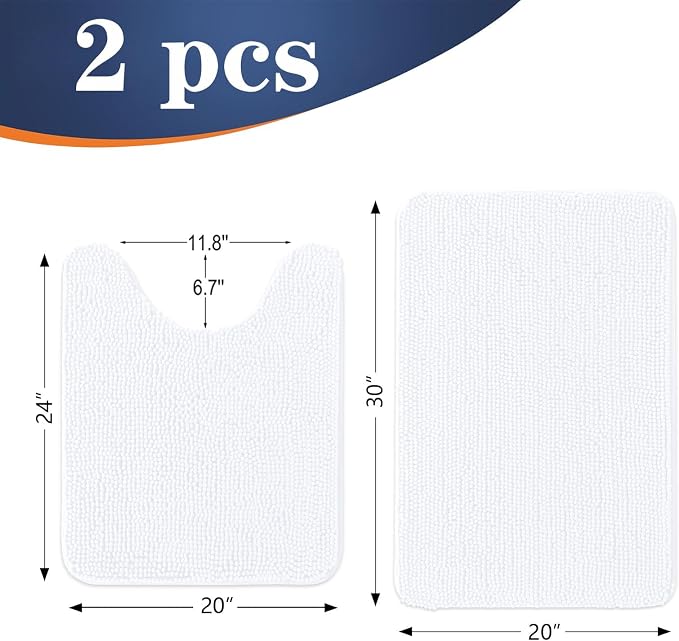OLANLY Chenille Bathroom Rugs Mats Sets 2 Piece, 30"x20"+24"x20", White | Soft Absorbent Bath Mat and U-Shaped Contour Toilet Rug Set, Quick Dry, Machine Washable Bath Carpet, Home Decor Accessories