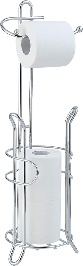 SunnyPoint Freestanding Toilet Paper Holder with Storage – Holds 3 Spare Rolls, Heavy-Duty Steel, Chrome Finish, Easy Assembly, Space-Saving Bathroom Organizer
