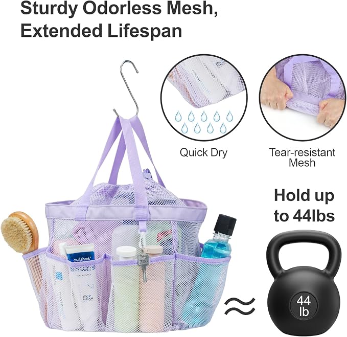 F-color Mesh Shower Caddy Portable with Drawstring - Large 8 Pockets Dorm Room Essentials for Guys Girls with S Hook, Shower Bag Basket Tote for College Camping Gym Travel Toiletry Bathroom, Purple