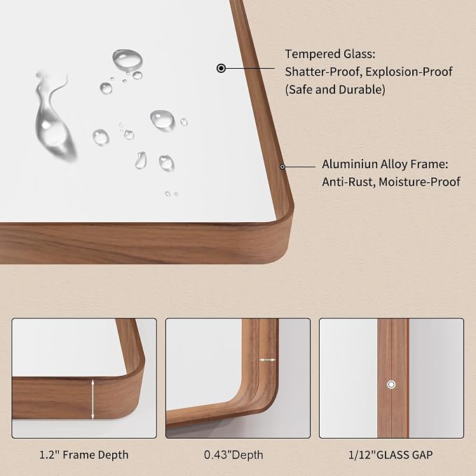 LOAAO 60X30 Inch Bathroom Mirror with Wood Grain Colored Metal Frame | Rounded Rectangle Metal Framed, Anti-Rust, Hangs Horizontally or Vertically, Tempered Glass