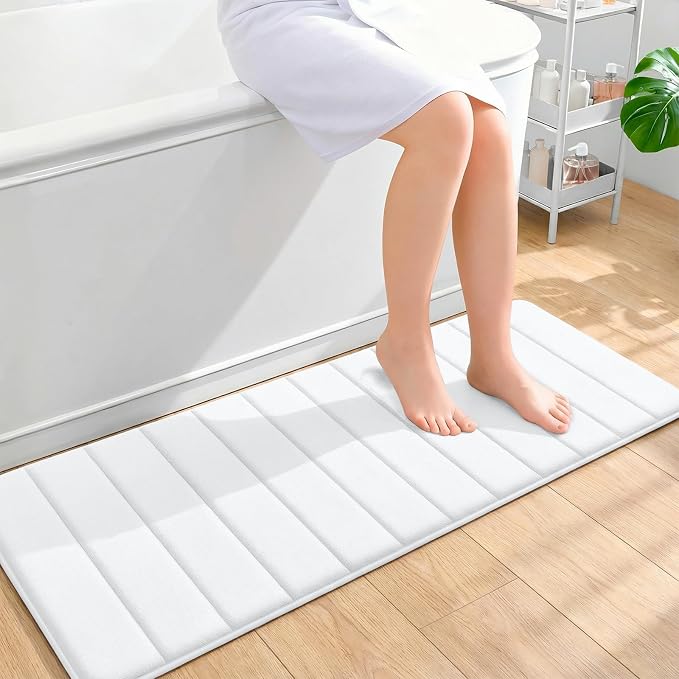 OLANLY Memory Foam Long Bathroom Rugs Runner 47x17, Super Soft Absorbent | White, Quick Dry Bath Mat, Machine Washable Shower Floor Rugs, Bathmat Carpet for Bathroom, Tub and Shower
