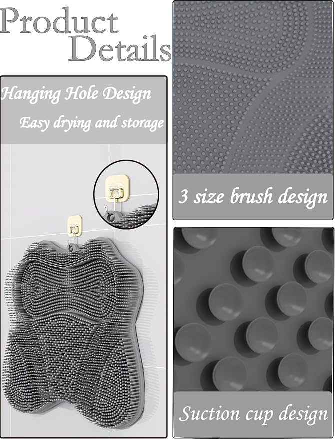 Shower Foot Scrubber Mat,Wall Mounted Back Scrubber Silicone Bath Massager Cushion Brush with Non-Slip Suction Cups,Foot Scrubber for Use in Shower for Improve Skin Exfoliation(Grey&Pink)