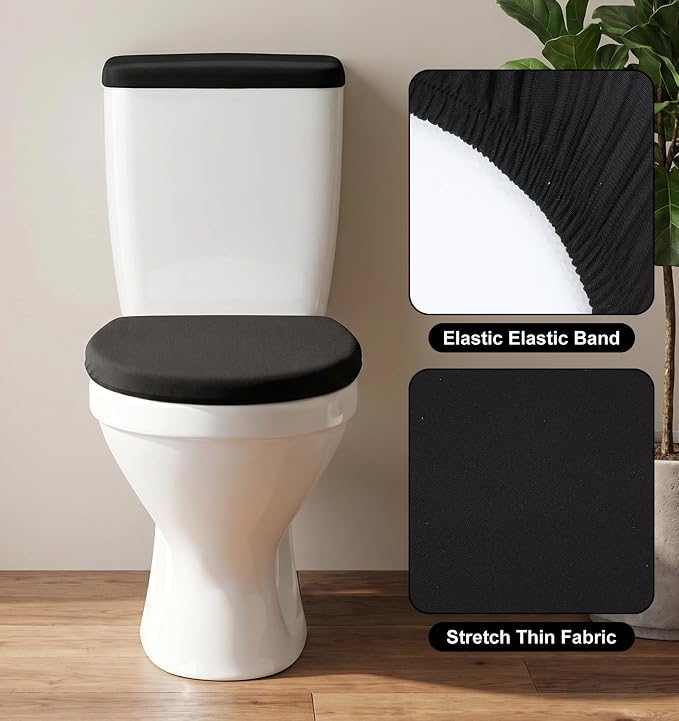 2 PCS Black Toilet Seat Cover Set, Soft Velvet Black Toilet Cover & Nylon Tank Cover with Elastic Bottom, Machine Washable Bathroom Accessories