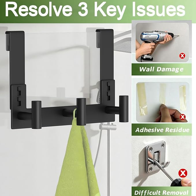 Extended Robe Door Hooks, Heavy Duty Stainless Steel Towel Hooks for Frameless Glass Shower Doors, Towel Hanger Rack, Shower Hooks for Bathroom (Black-3 Hooks, 1 Pack)