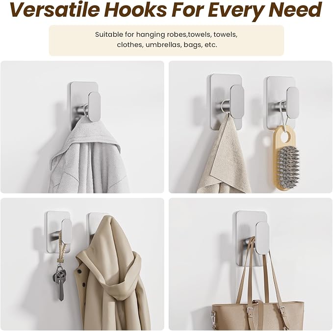 Large Heavy Duty Wall Hooks - 26lb Max, Stainless Steel Adhesive Towel Hooks for Hanging Towel, Coat, Robe, Hat, Sticky Towel Holder for Wall Mount in Bathroom, Shower, Kitchen(Silver, 4 Pack)