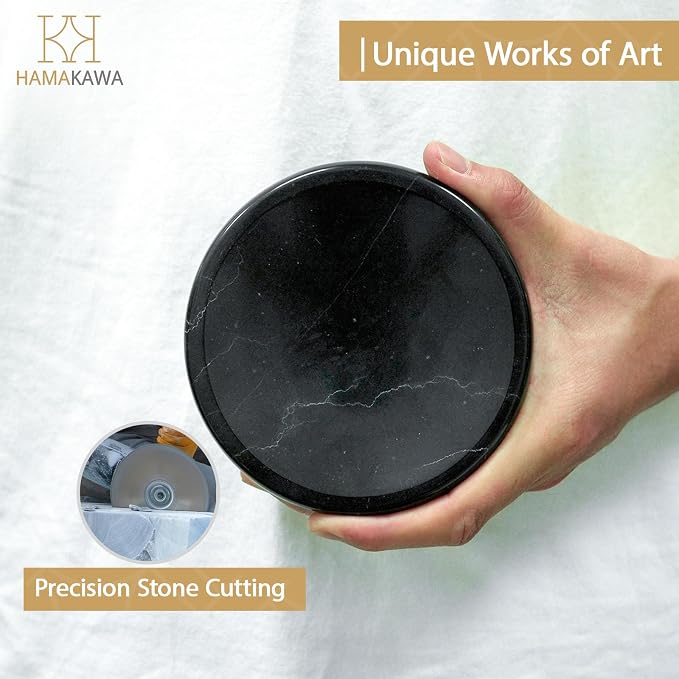 Natural Marble Soap Dish, Round Black Jewelry Dish 4.5 inch, Limestone Shower Soap Holder, Modern Stone Sponge Holder with White Stripe, Obsidian Bar Soap Saver Tray for Bathroom, Kitchen