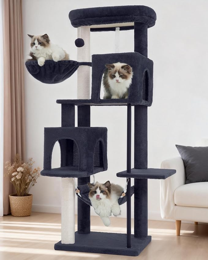 Cat Tree Tower with Sturdy Steel Tube for Indoor Cats GCT014G | 51.2'' Cat Furniture with Scratching Posts, Hammock, Basket and Padding Top Platform for Inoor Cats Large Adult, Drak Gray