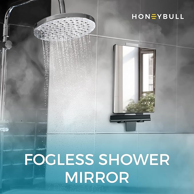 HONEYBULL Fogless Shower Mirror for Shaving with Water Tank, Adhesive Mount | Built in Water Reservoir for Natural Fog Free Effect, Easy Installation, Bonus Squeegee, Razor Holder, 5.5" x 8" Mirror