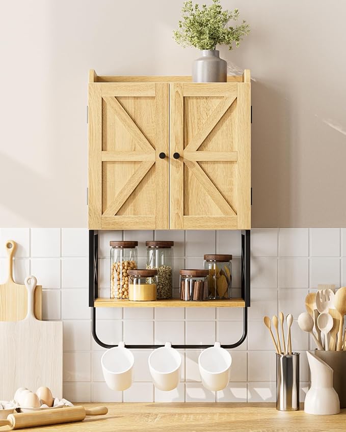 Masupu Bathroom Cabinet Wall Mounted, Wooden Medicine Cupboard with Adjustable Shelves, Space-Saving Wall Storage Unit for Bathroom, Kitchen and Living Room (9" D x 15.35" W x 27.16" H,Countrye Oak)