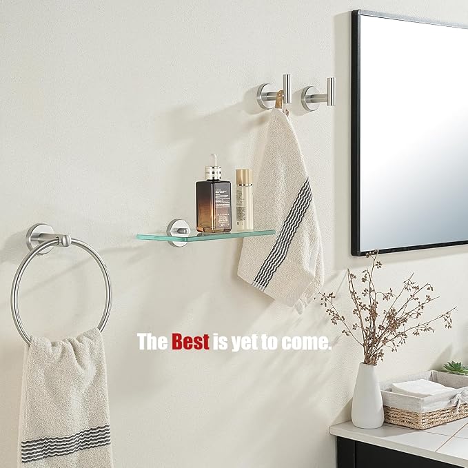 JQK Bathroom Glass Shelf, Tempered Glass Shower Storage 8 by 5 inches, 304 Stainless Steel Brushed Finish Wall Mount 2 Pack, TGS101L8-BN-P2