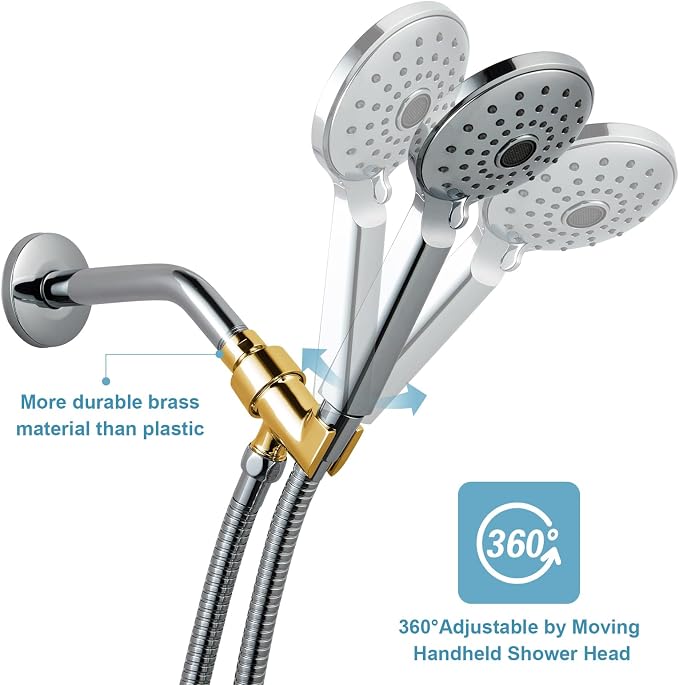 OFFO Shower Head Holder All Metal for Handheld Shower Head, Adjustable Shower Arm Mount with Solid Brass Pivot Ball, 1/2 in IPS Female Inlet and Male Outlet, Chrome