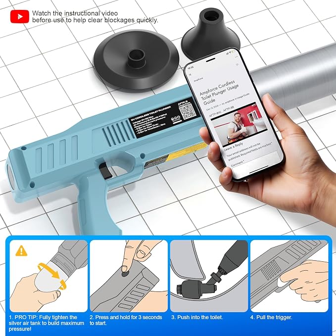 Electric Toilet Plunger, Heavy-Duty Clog Remover, Dusty Blue | High-pressure air plunger for bathrooms. Powerful toilet drain unclogger.