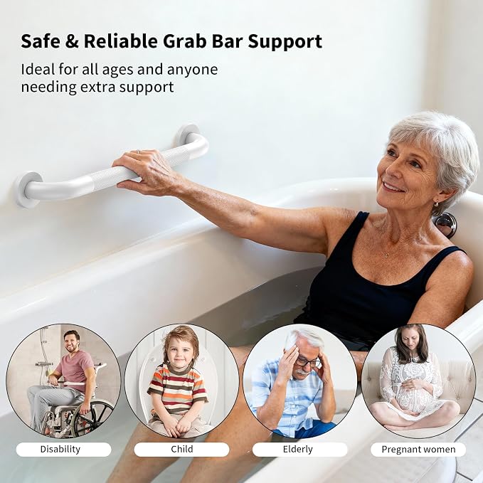 White Grab Bar 20 Inch, iHansee Anti-Slip Bathroom Grab Bar w/Knurled Grip, Stainless Steel Safety Handrail for Toilet Bathtub Shower, Wall Mounted Handicap Bars Handle for Senior Elderly