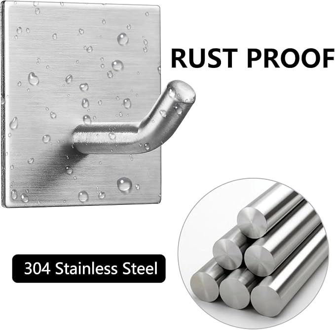 FOMANSH Heavy Duty Adhesive Hooks, Stick on Wall Adhesive Hangers, Strong Stainless Steel Holder, Self Adhesive Hooks for Kitchen Bathroom Home Door Towel Coat Key Robe 6 Packs Silver