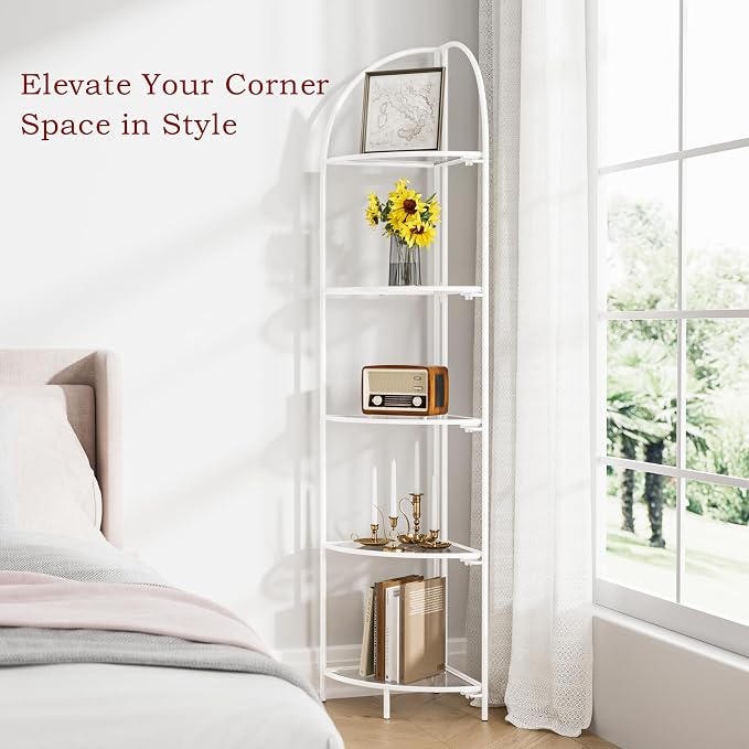 Crofy Foldable 5 Tier Corner Shelf, Metal Corner Plant Stand with White Frame and Transparent Shelves, Corner Display Rack Multipurpose Shelving Unit for Living Room, Bedroom, Bathroom