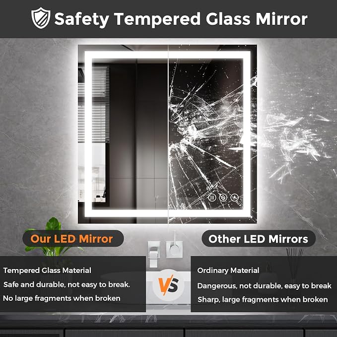 Koonmi 32x32 LED Bathroom Mirror with Light, Anti-Fog, 3 Colors | Backlit + Front Lit, Dimmable Brightness, Shatterproof HD Distortion-Free Tempered Glass, Hardware Included
